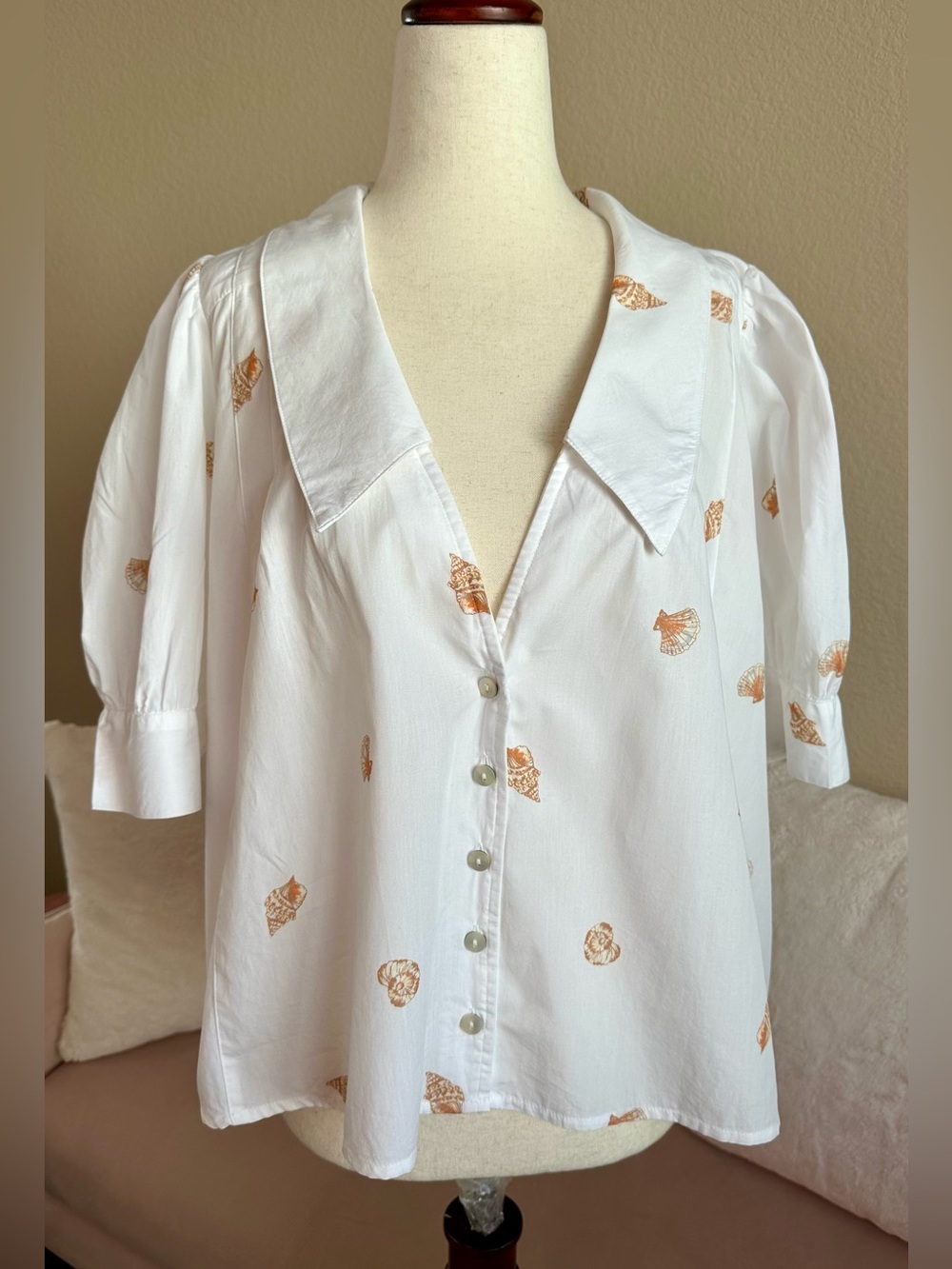 Free People Lover Printed Blouse S White Cotton Sea Shells Oversized Top Sailor